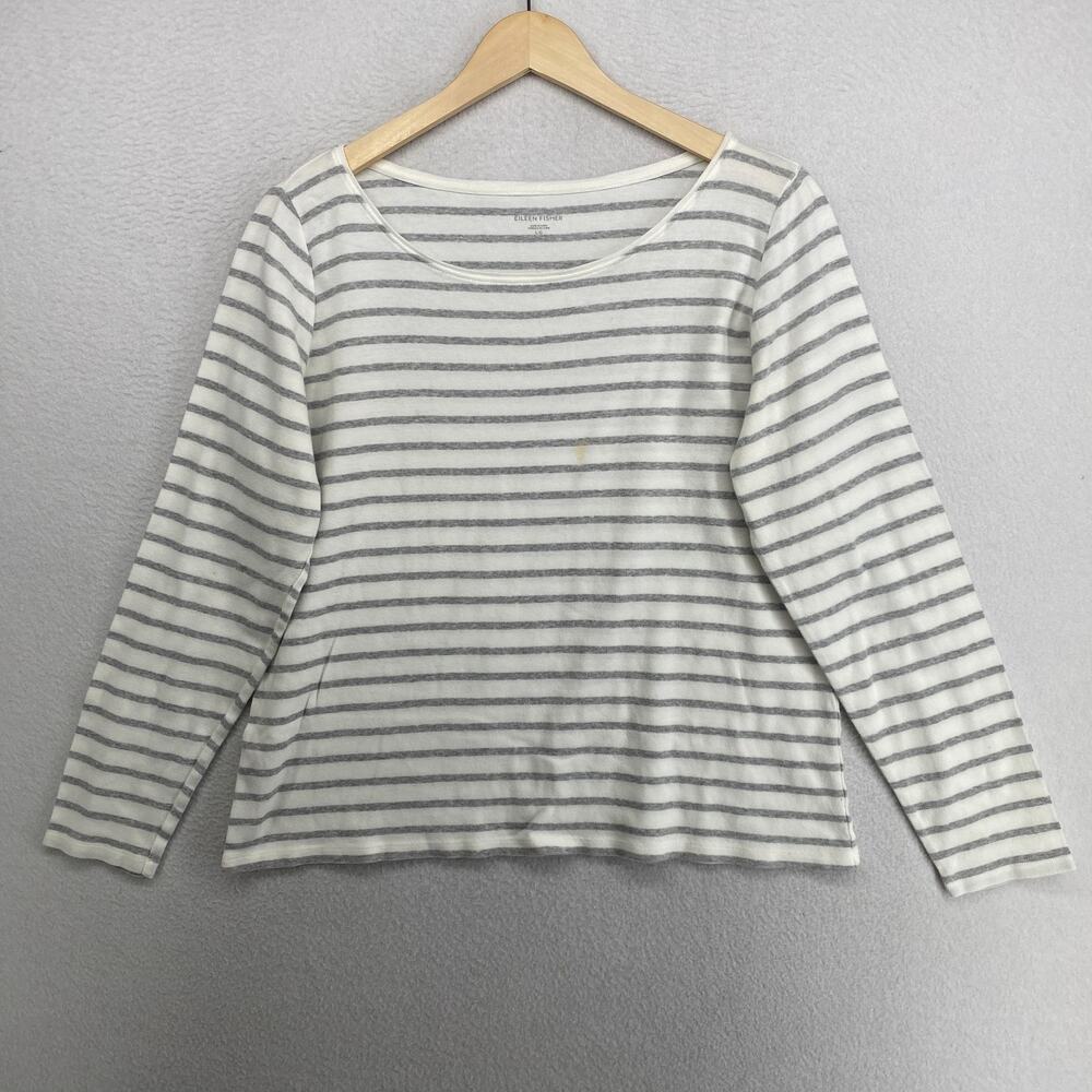 EILEEN FISHER Top L Organic Cotton Interlock Jersey Striped Long Sleeve Gray